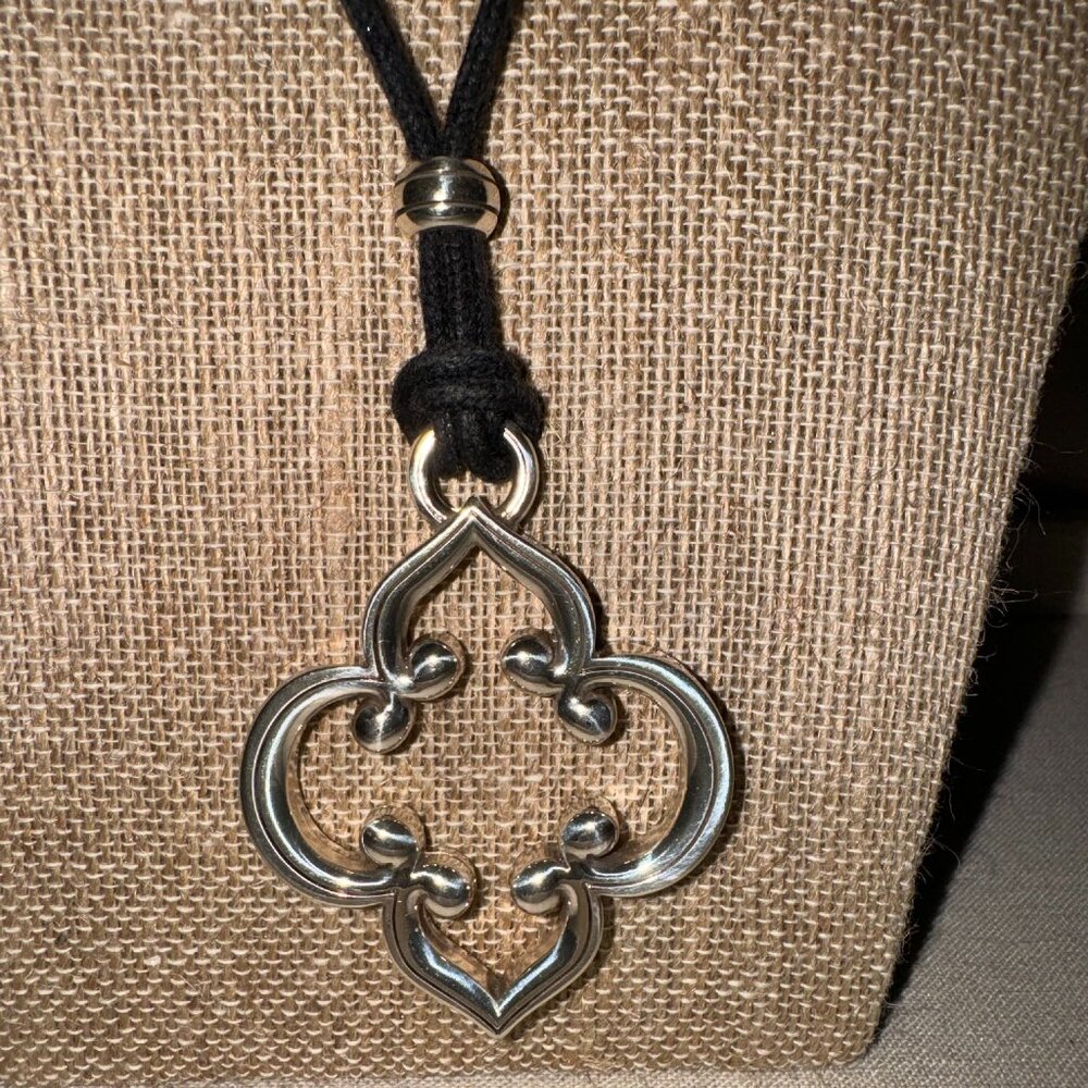 Brighton Silver Tone Toledo Pendant Black Cord Long Necklace